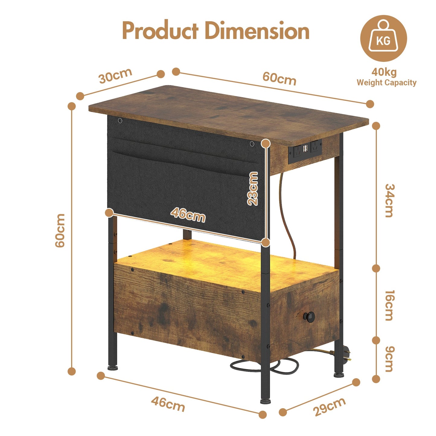 Advwin LED End Table with Charging Station and Drawers