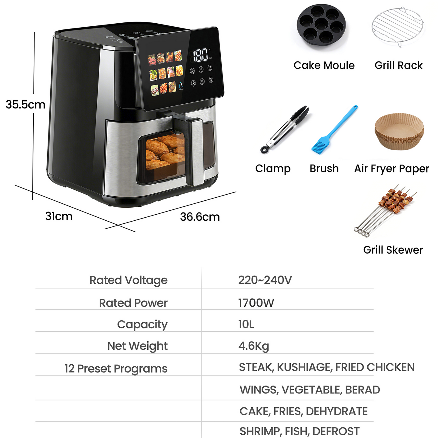 Advwin 12-in-1 Digital Air Fryer w/ LED Touchscreen 10L