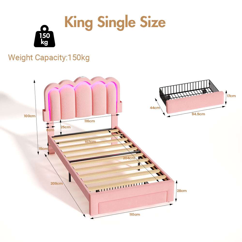 Advwin King Single LED Velvet Bed Frame Pink