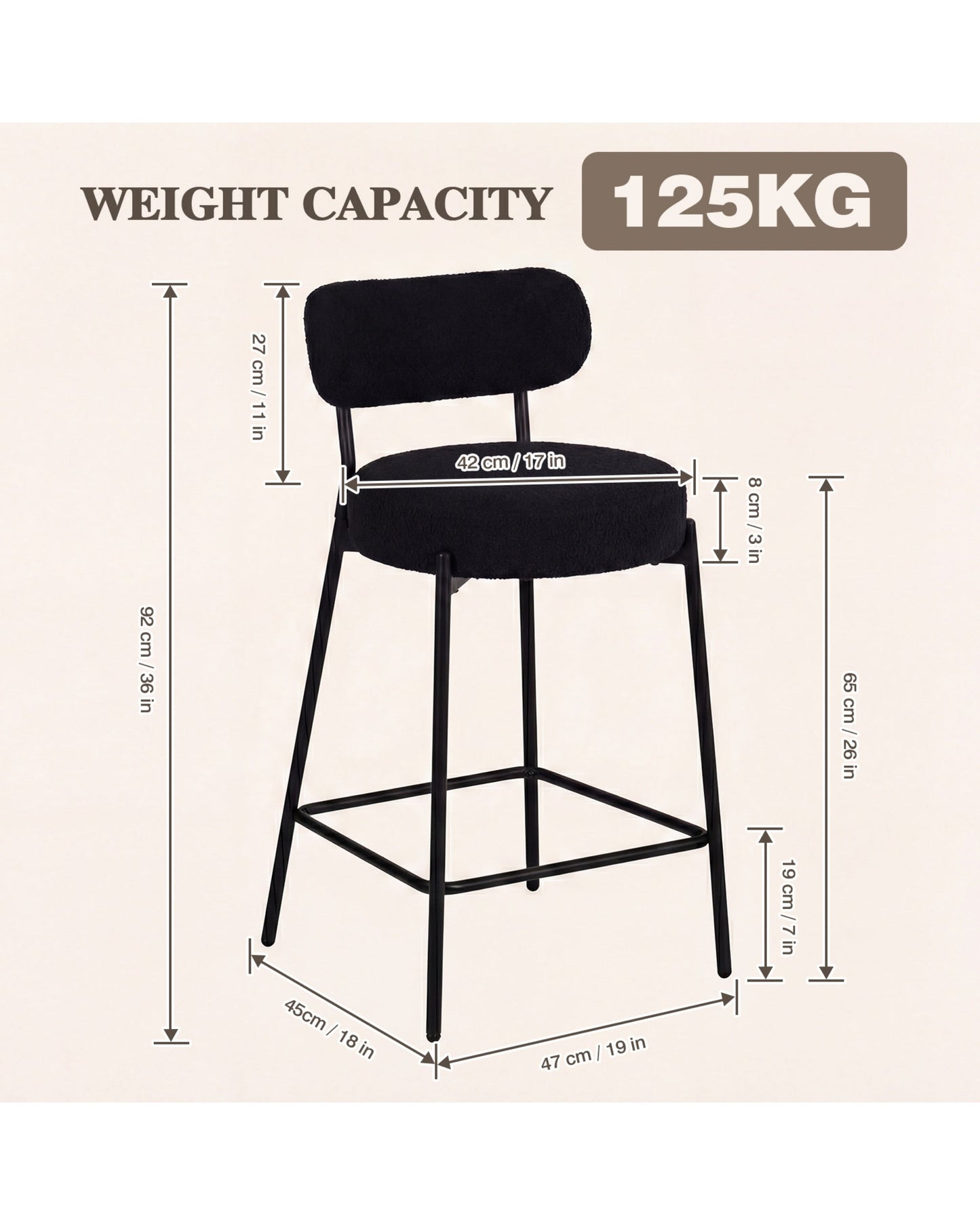 Advwin Bar Stools Set 2 Boucle Kitchen Counter Black