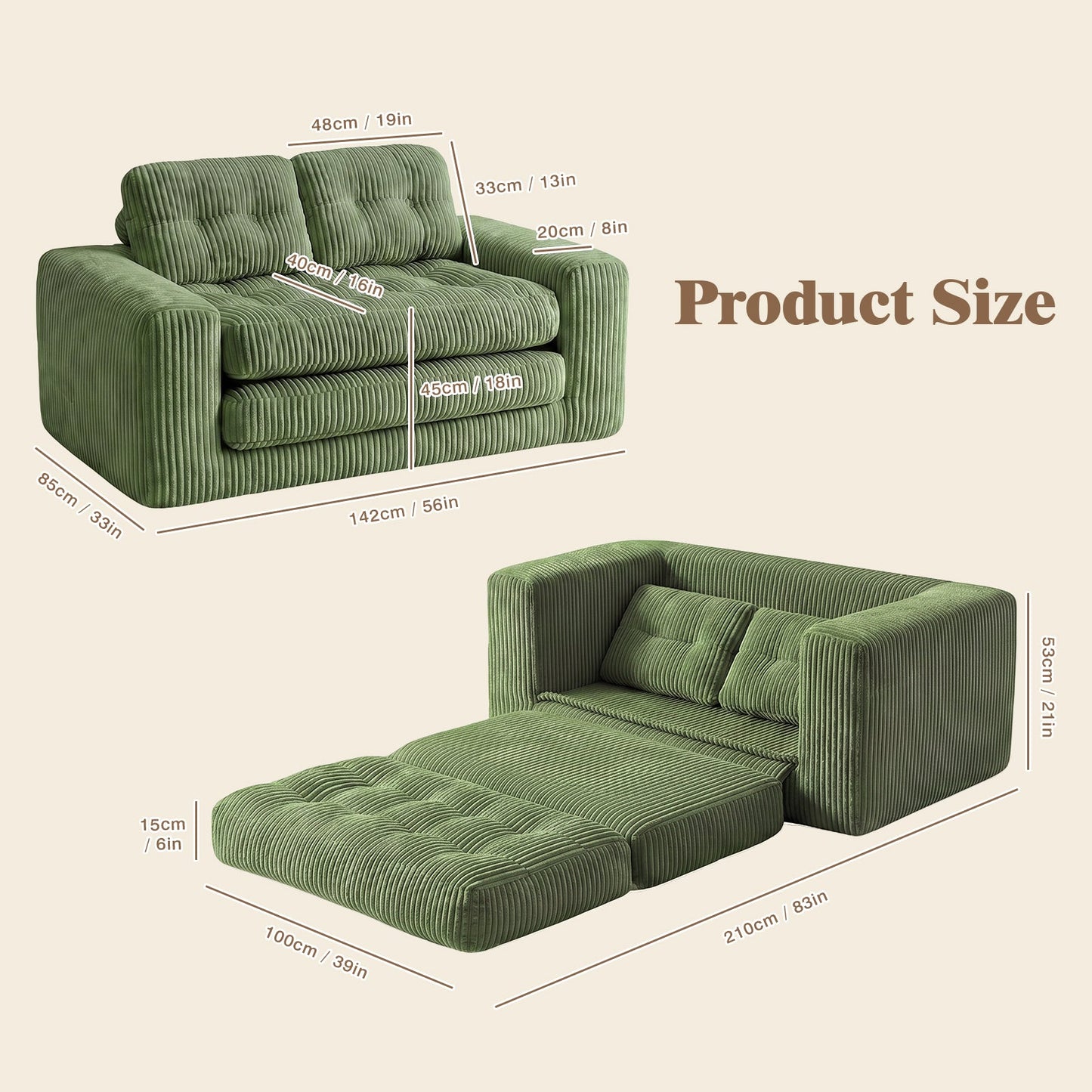 Advwin Folding Sofa Bed Fold Out Corduroy Sleeper Couch