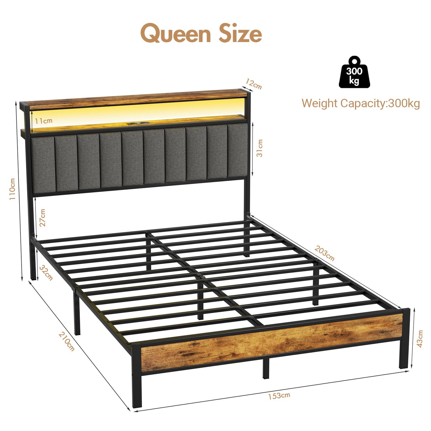 Advwin Queen Bed Frame with RGB LED & Charging Station