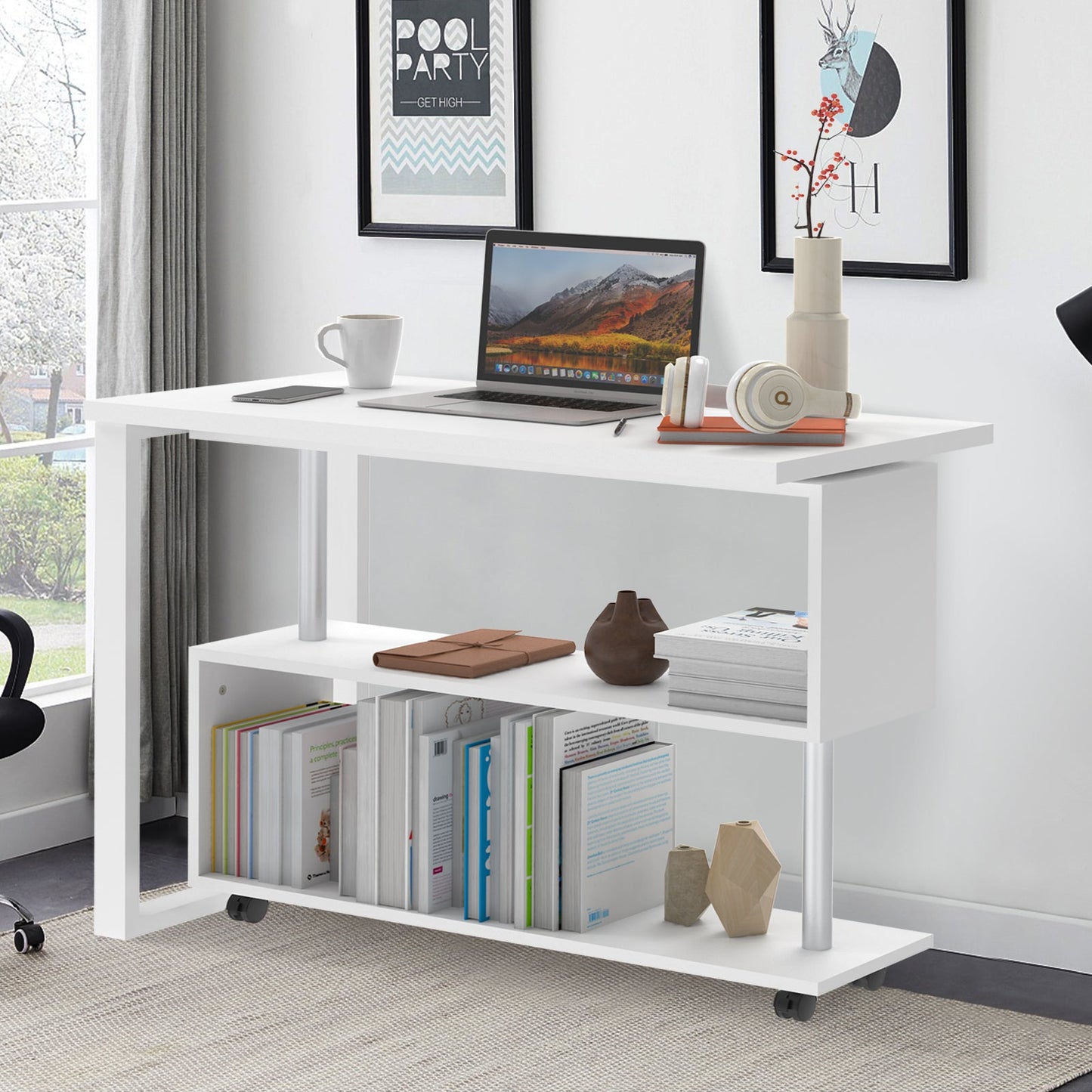 Advwin L-Shape 360° Rotating Bookshelf Computer Desk