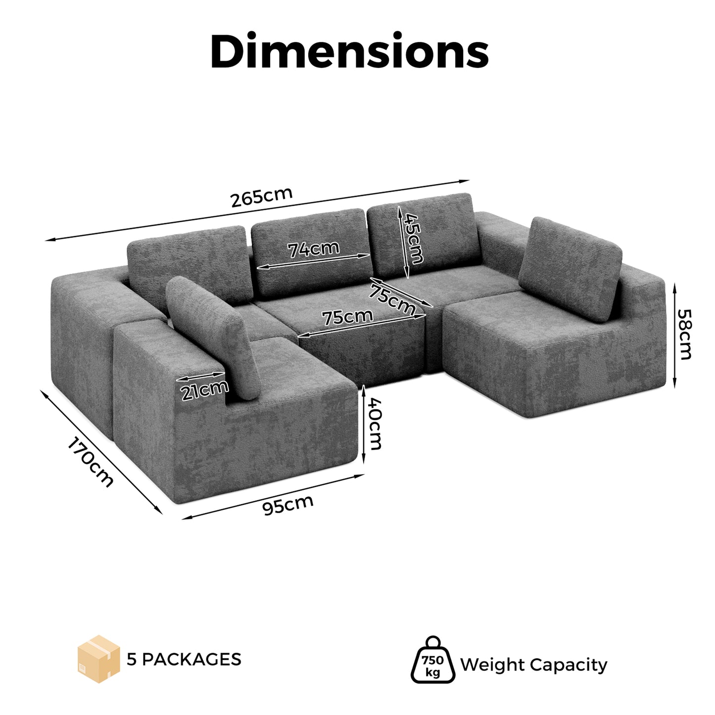 Advwin 5 Seater U-Shaped Chenille Modular Sectional Sofa