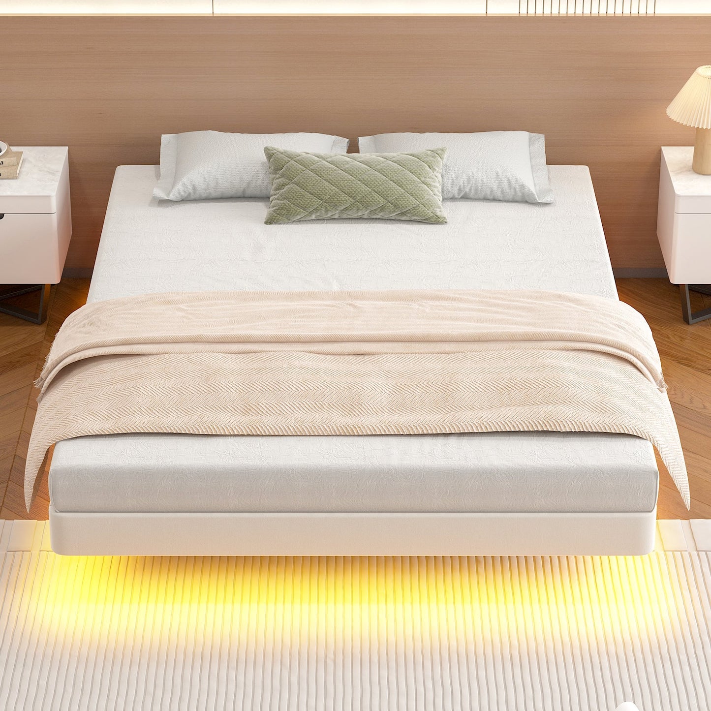 Advwin Velvet Upholstered Floating Bed Frame w/ LED