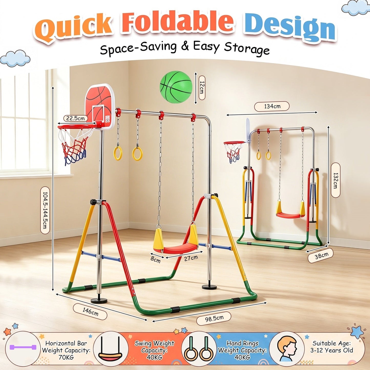 Advwin Kids Foldable Gymnastics Bar with Basketball Hoop & Swing
