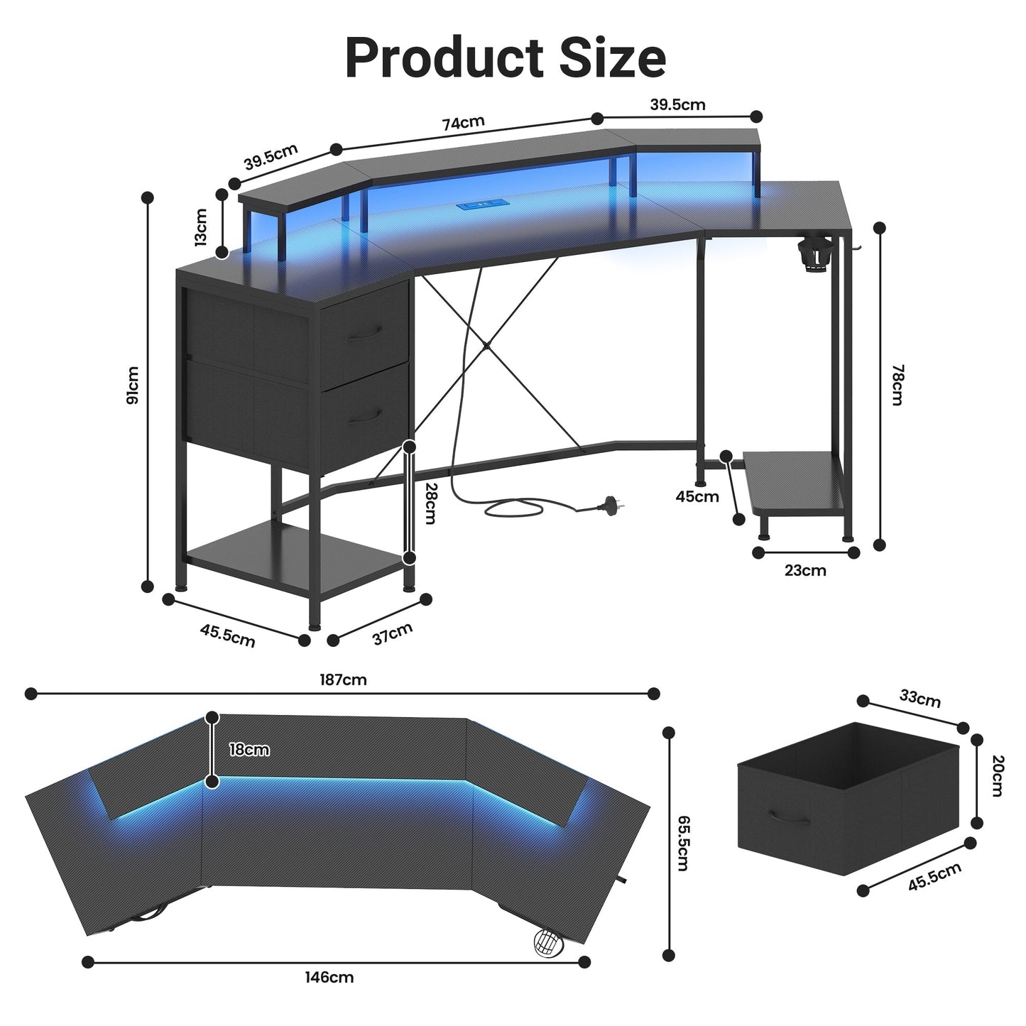Advwin 185cm LED Gaming Desk w/ Monitor Stand Black
