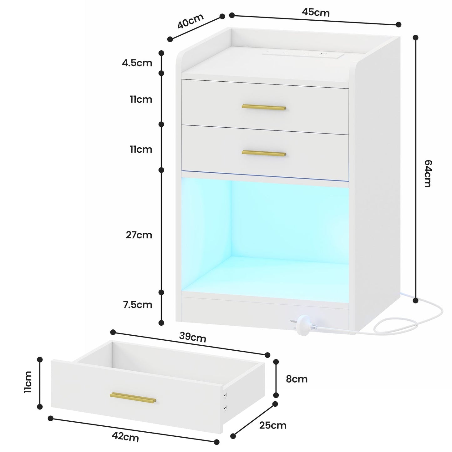 Advwin LED Bedside Table with Charging Station