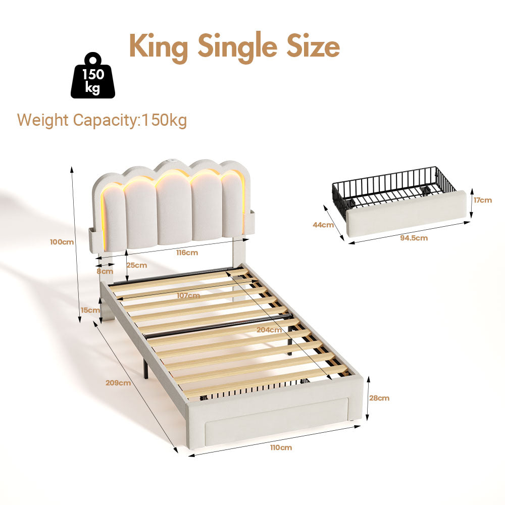 Advwin LED Bed Frame with Adjustable Headboard King Single