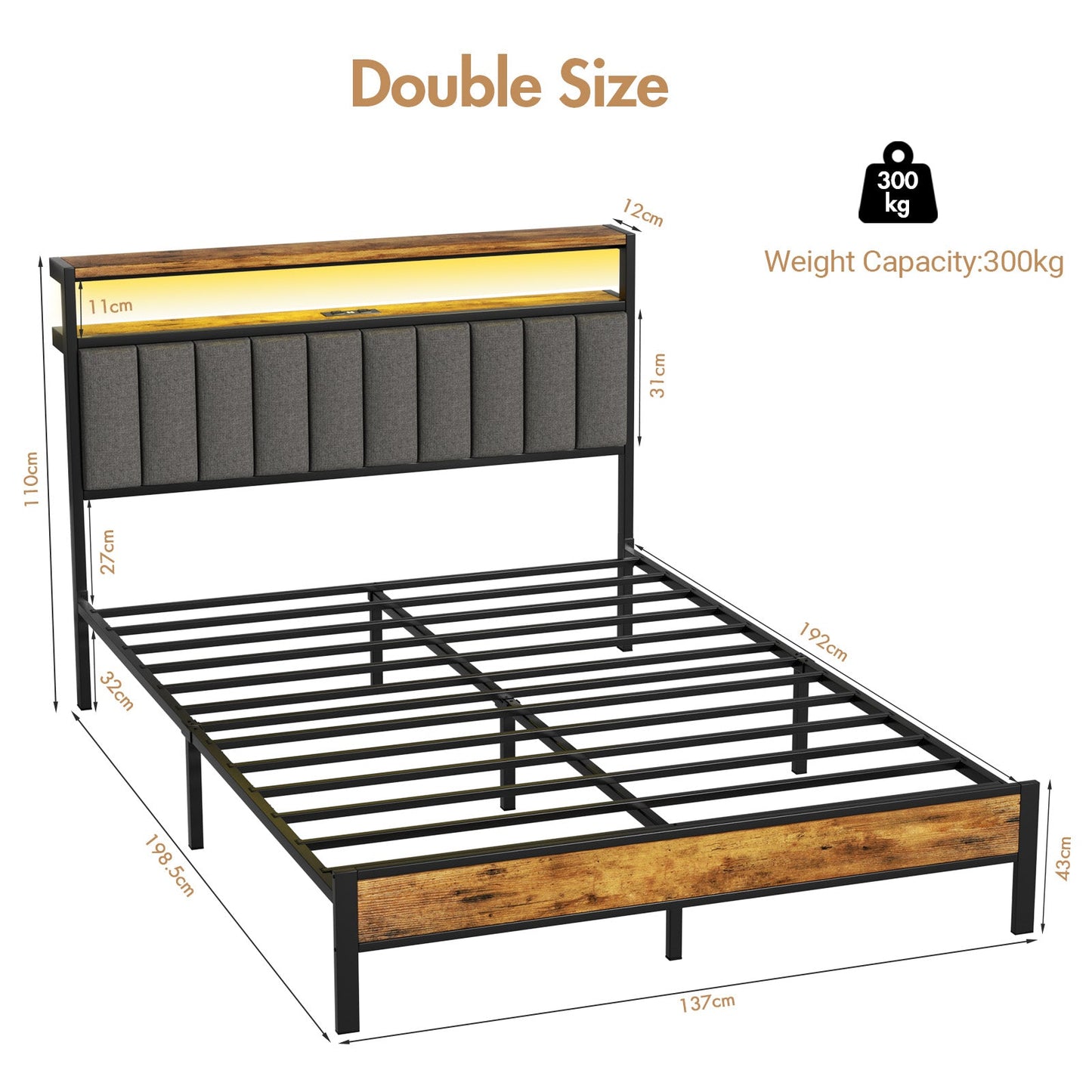 Advwin Queen Bed Frame with RGB LED & Charging Station