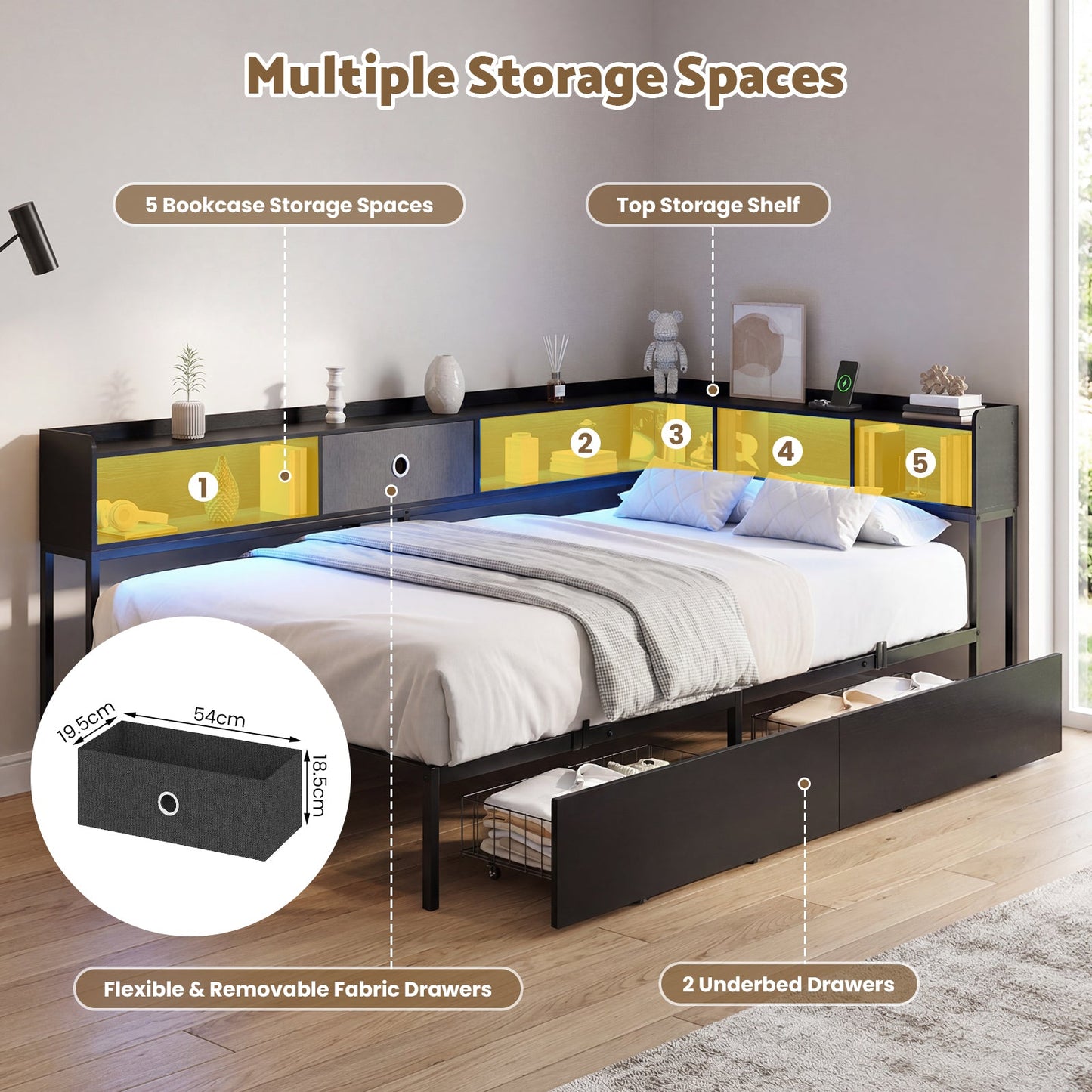 Advwin King Single Corner Bed Frame with Storage Drawers