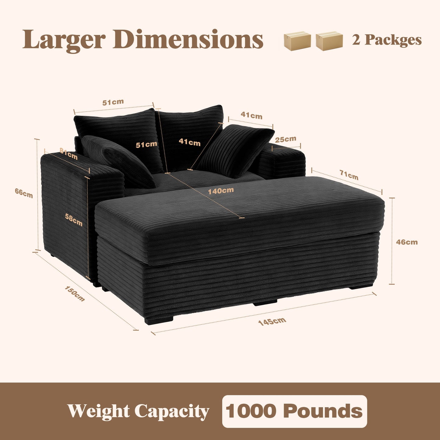 Advwin 146cm Chaise Lounge Chair with Storage Ottoman