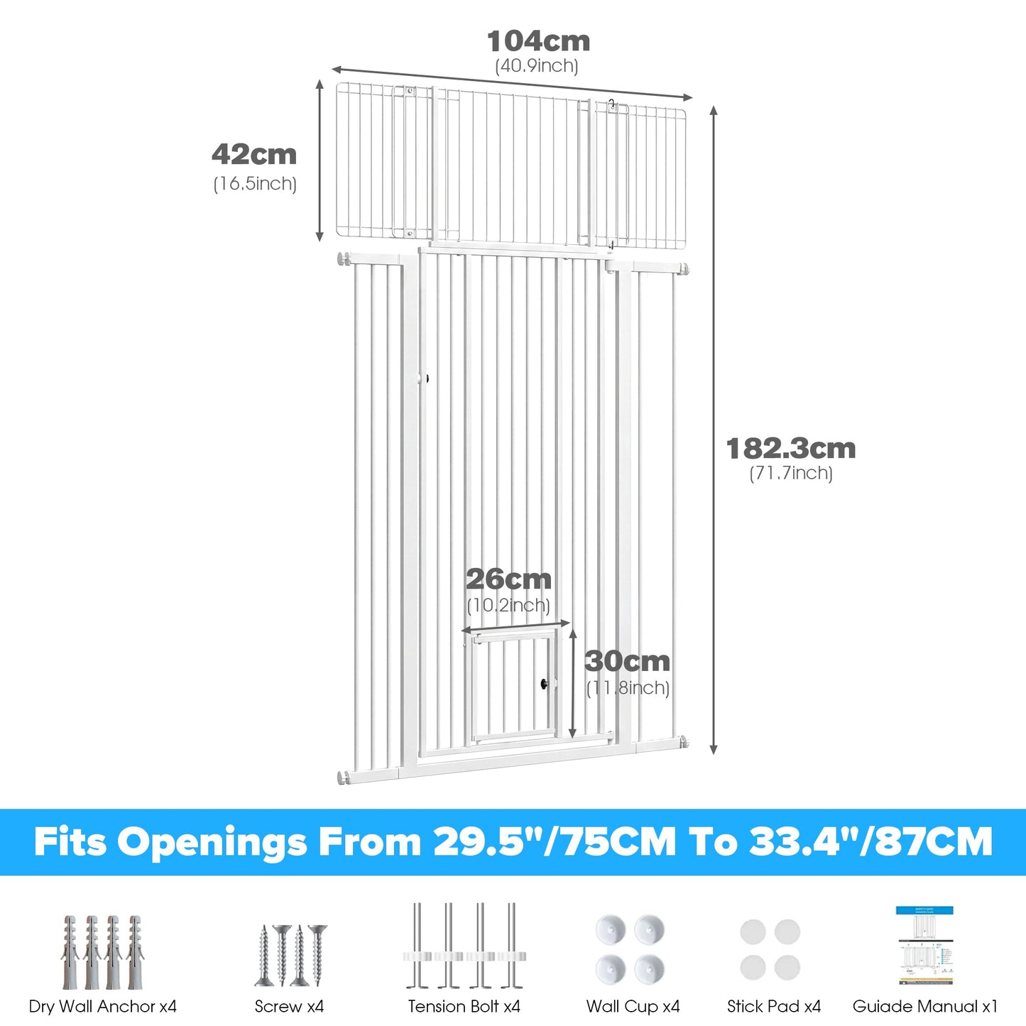 Advwin 180cm Extra Tall Pet Safety Gate with Small Cat Door