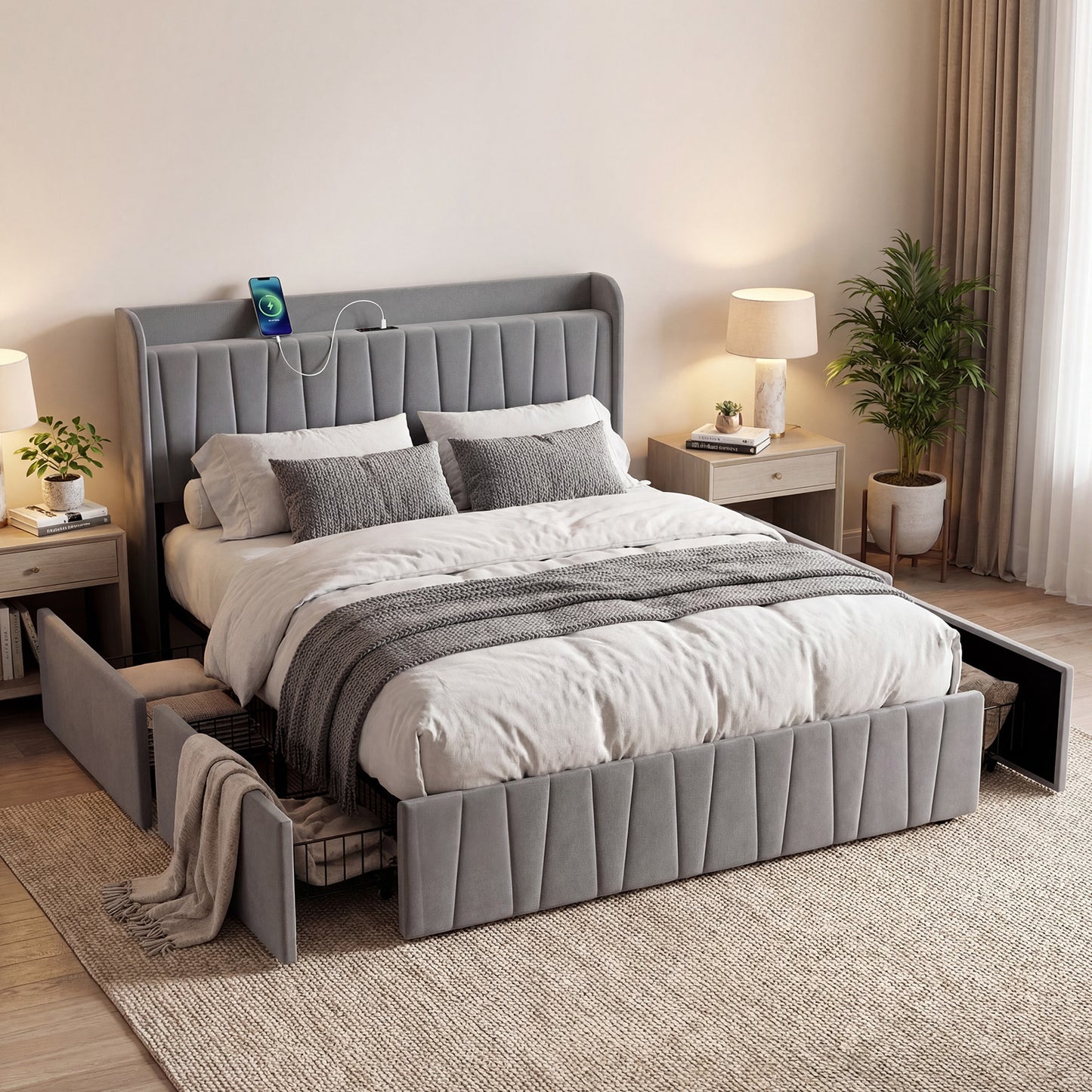 Advwin Bed Frame with Storage Drawers Dark Grey