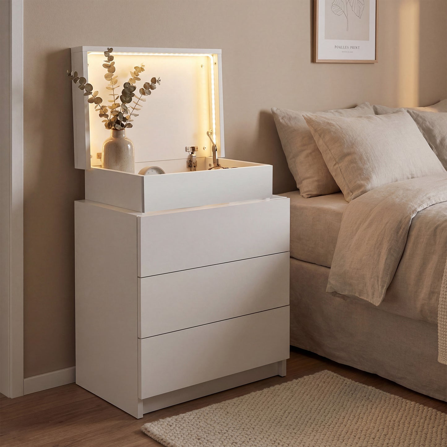 Advwin Bedside Table 3 Drawers With LED Light