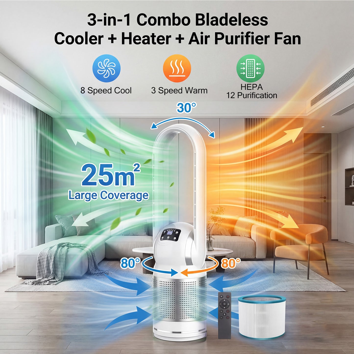 Advwin Heater Bladeless Tower Fan with Air Purifier