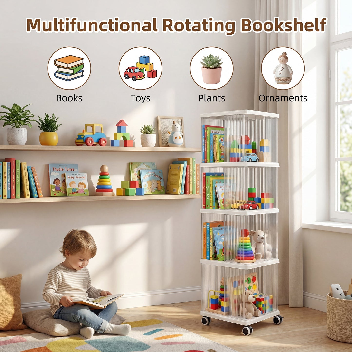Advwin 4-Tier Rolling Bookshelf Storage Bookcase