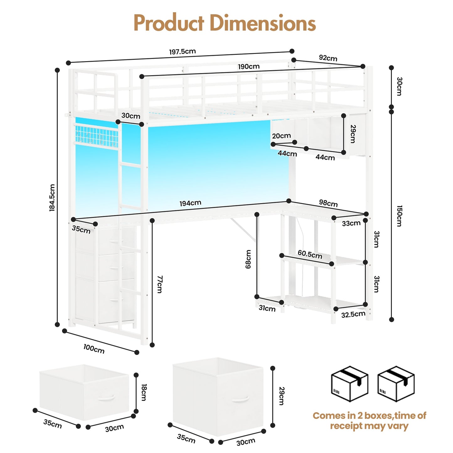 Advwin LED Loft Bed Frame w/ L-Shaped Desk & Charging Station