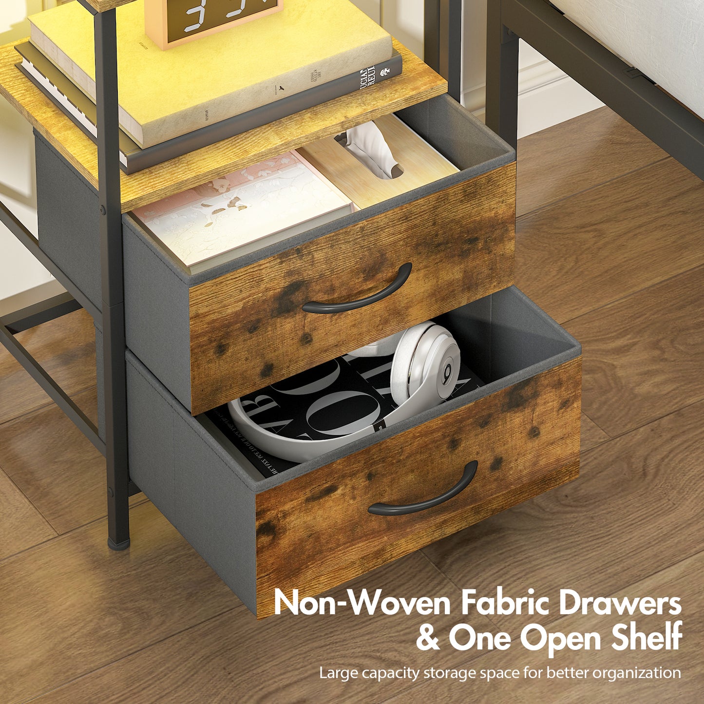 Advwin LED Bedside Table with 2 Fabric Drawers