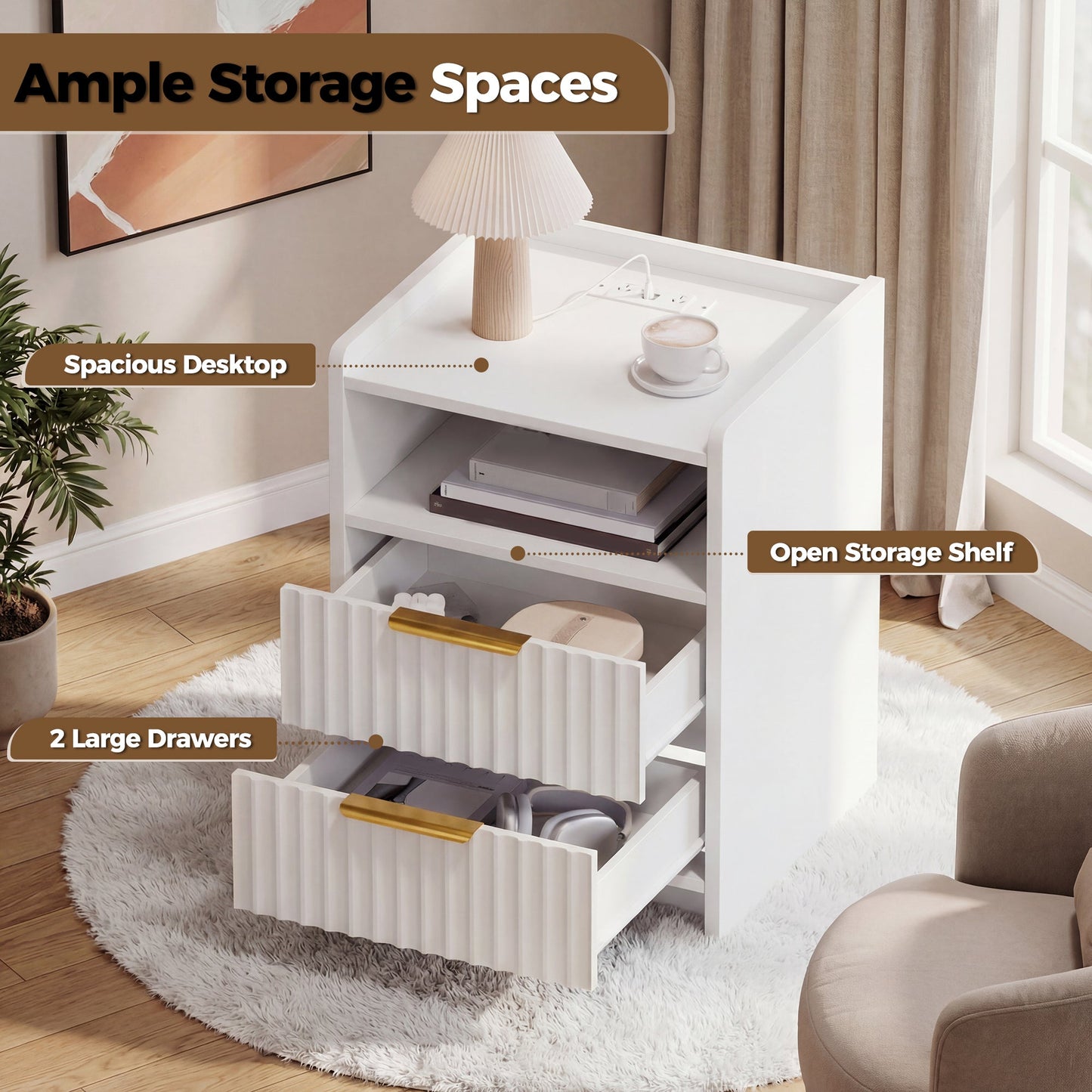 Advwin Bedside Table with Charging Station Nightstand