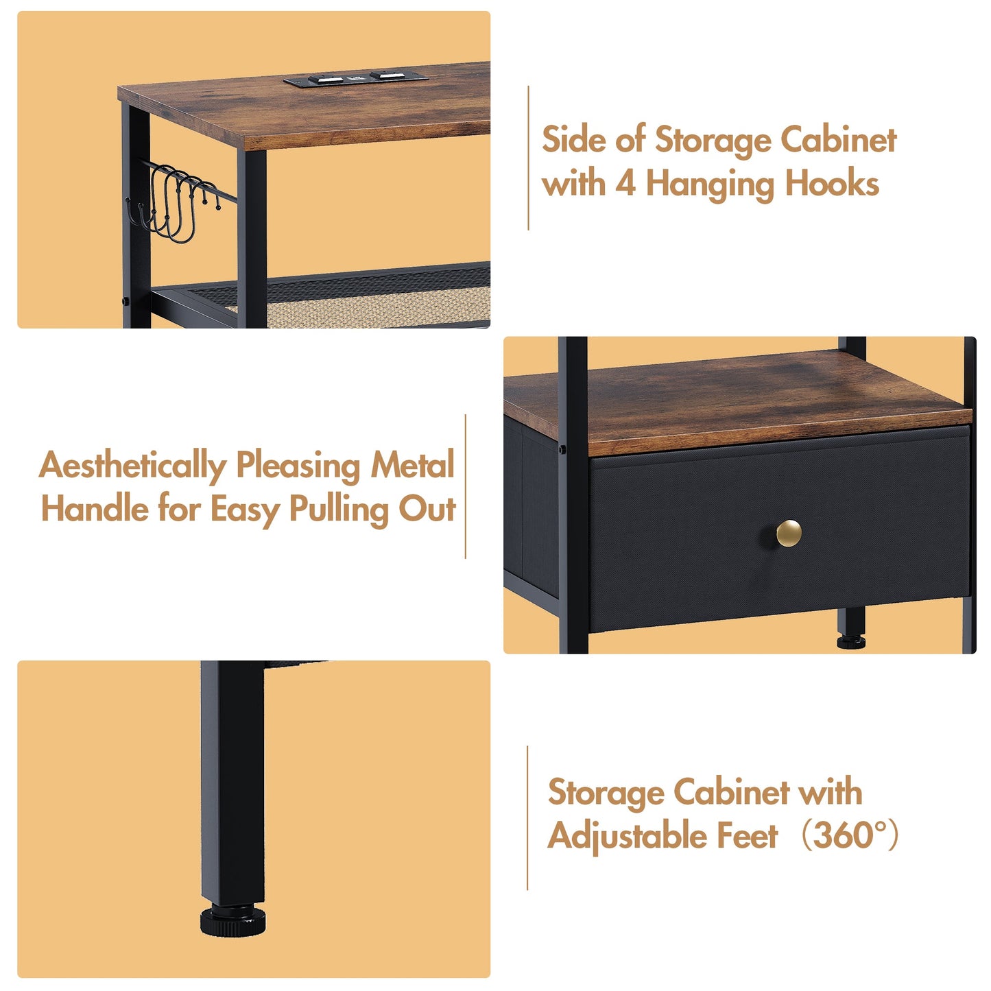 Advwin 3-Tier Bedside Table with Fabric Drawer and Lights