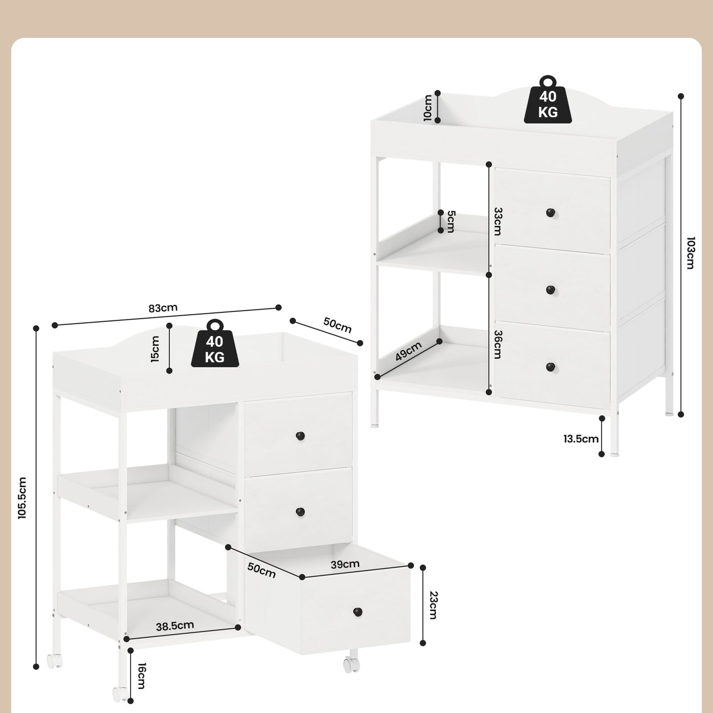 Advwin Baby Change Table with Casters & Drawers