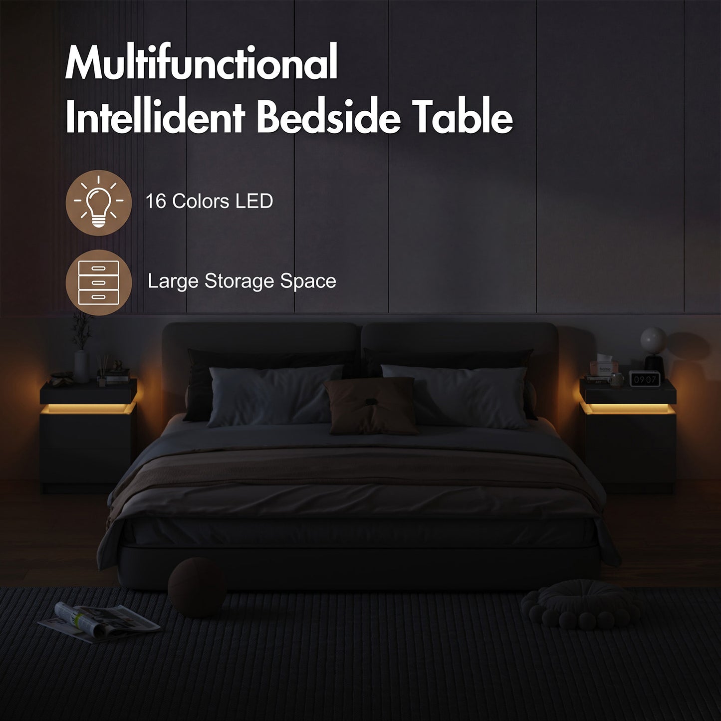 Advwin Bedside Table 3 Drawers With LED Light