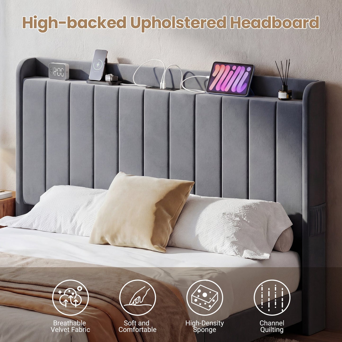 Advwin Velvet Floating Bed Frame with RGB LED