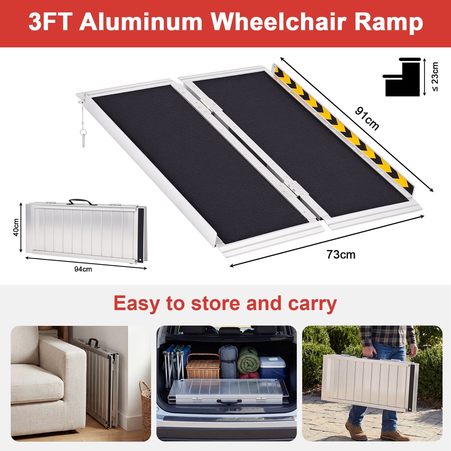 Advwin Wheelchair Ramp 3FT Portable Folding Aluminium Ramp