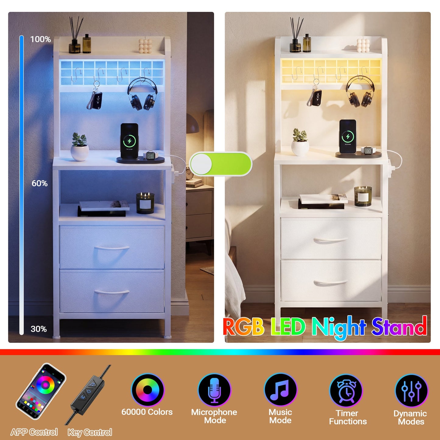 Advwin Bedside Table with Charging Station