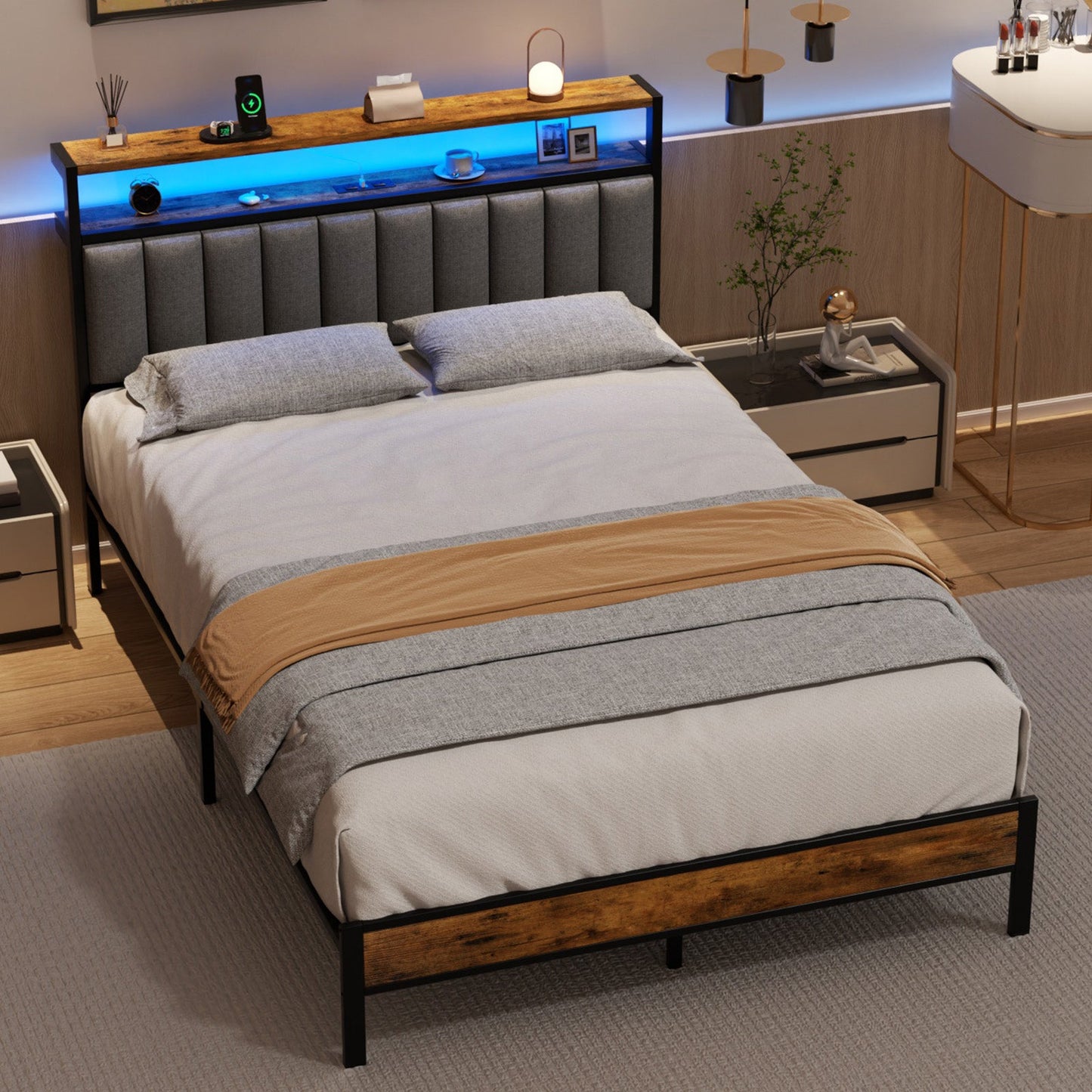 Advwin Queen Bed Frame with RGB LED & Charging Station
