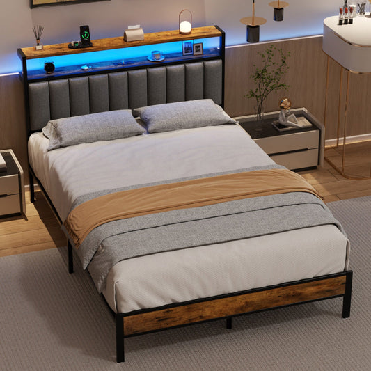 Advwin Queen Bed Frame with RGB LED & Charging Station