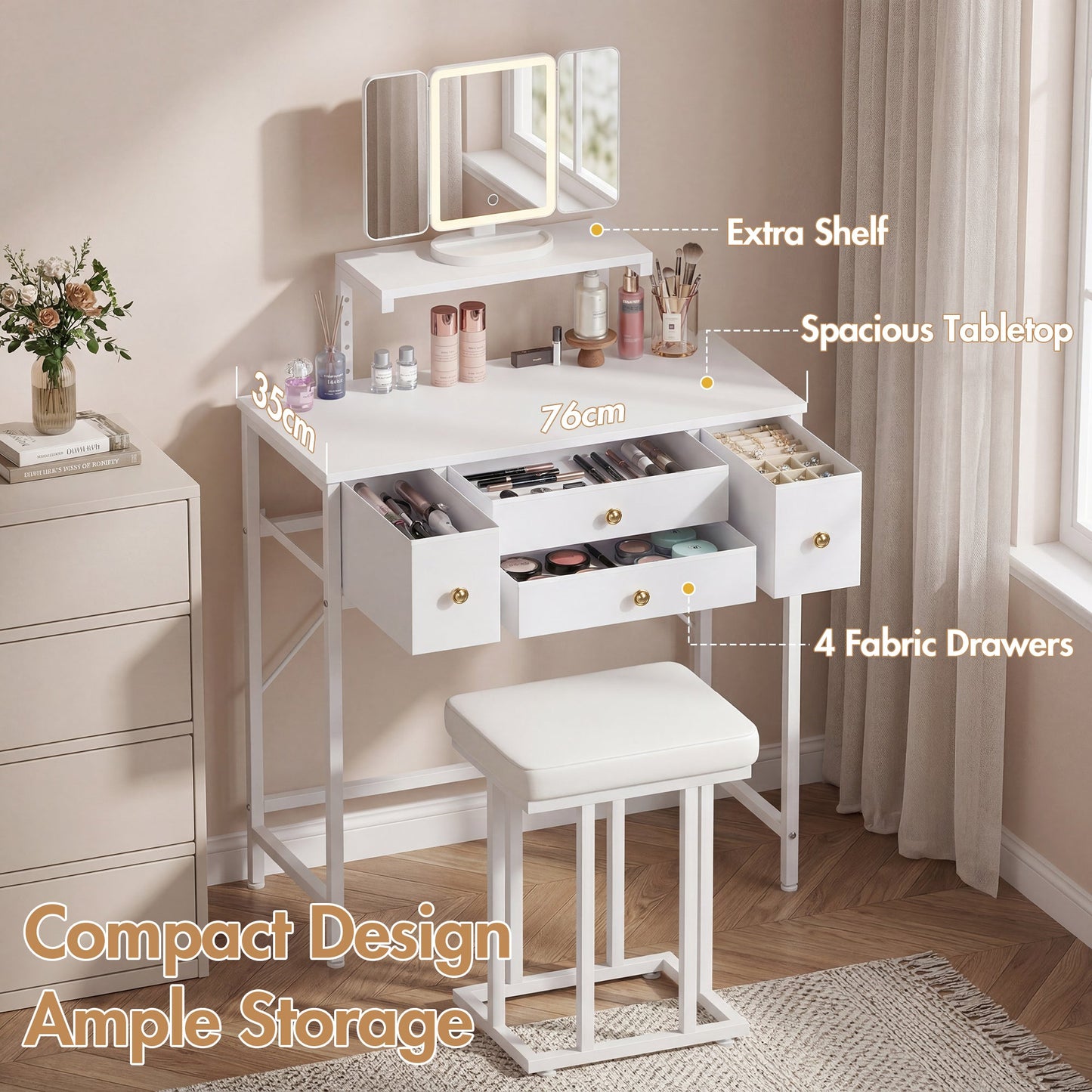 Advwin Dressing Table with LED Mirror Height-Adjustable Stand