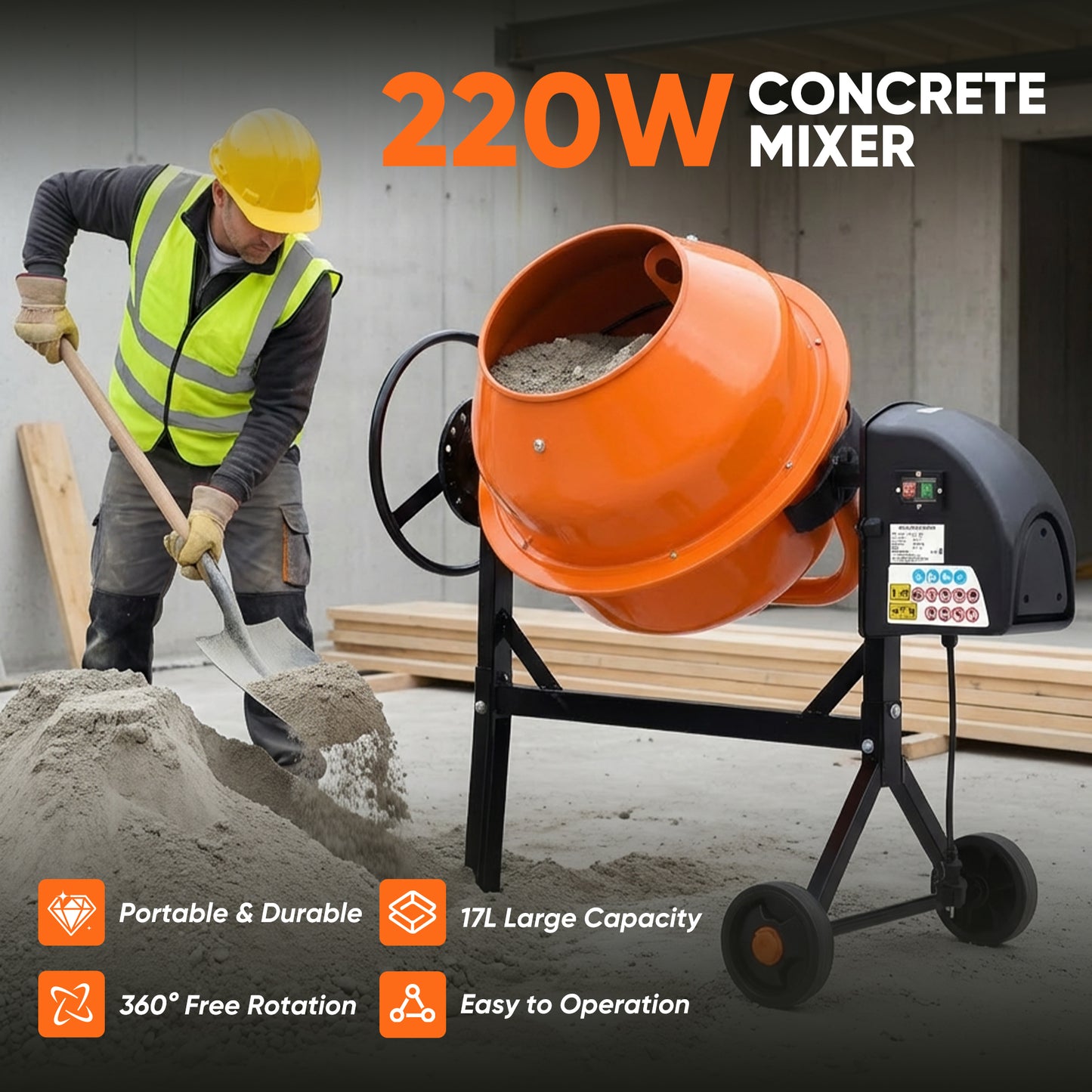 Advwin 70L Electric Concrete Mixer with Wheel & Stand