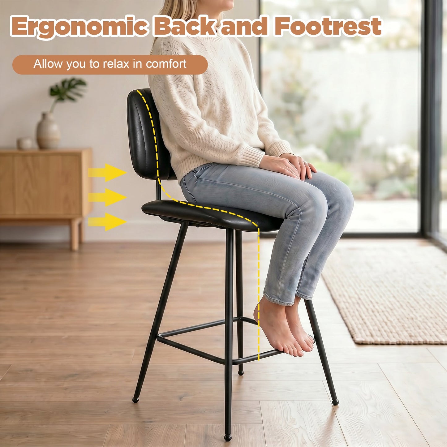 Advwin Set of 2 PU Leather Bar Stools with Back & Footrest