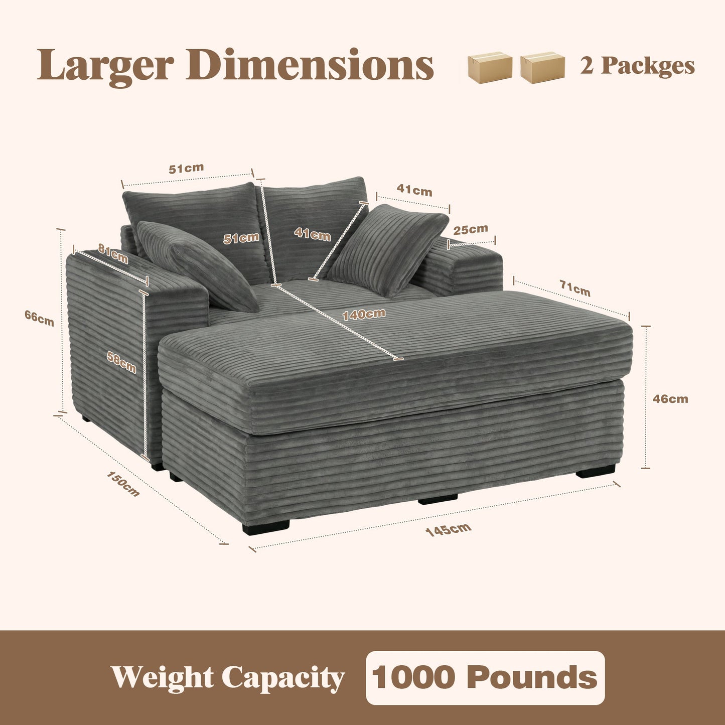 Advwin 146cm Chaise Lounge Chair with Storage Ottoman