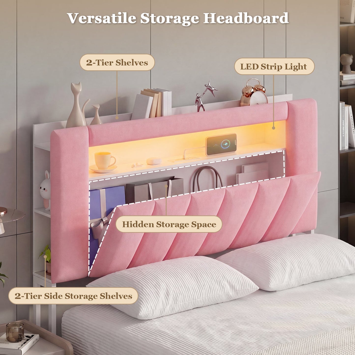 Advwin Bed Frame with LED Shelves & Charging Station Pink