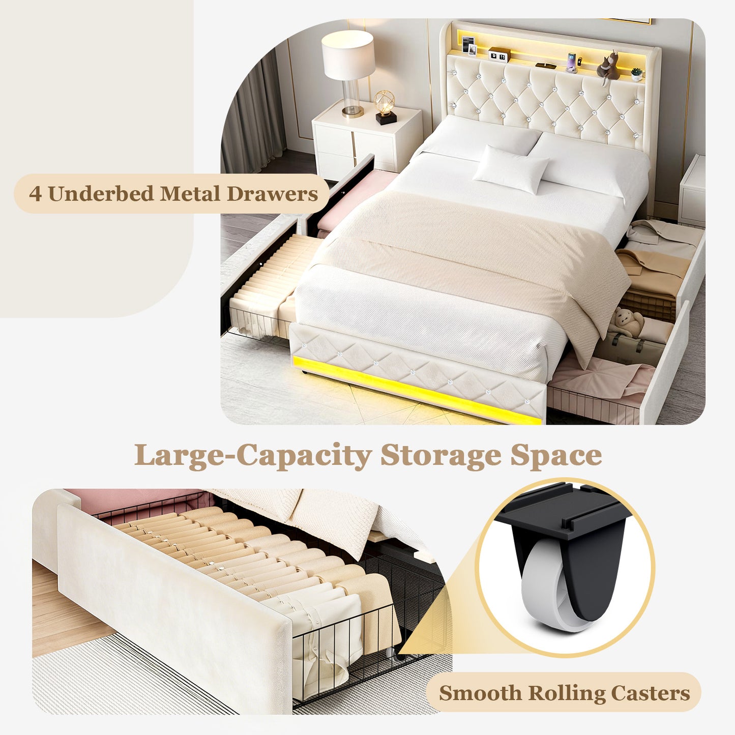 Advwin Bed Frame with Velvet Upholstered Headboard