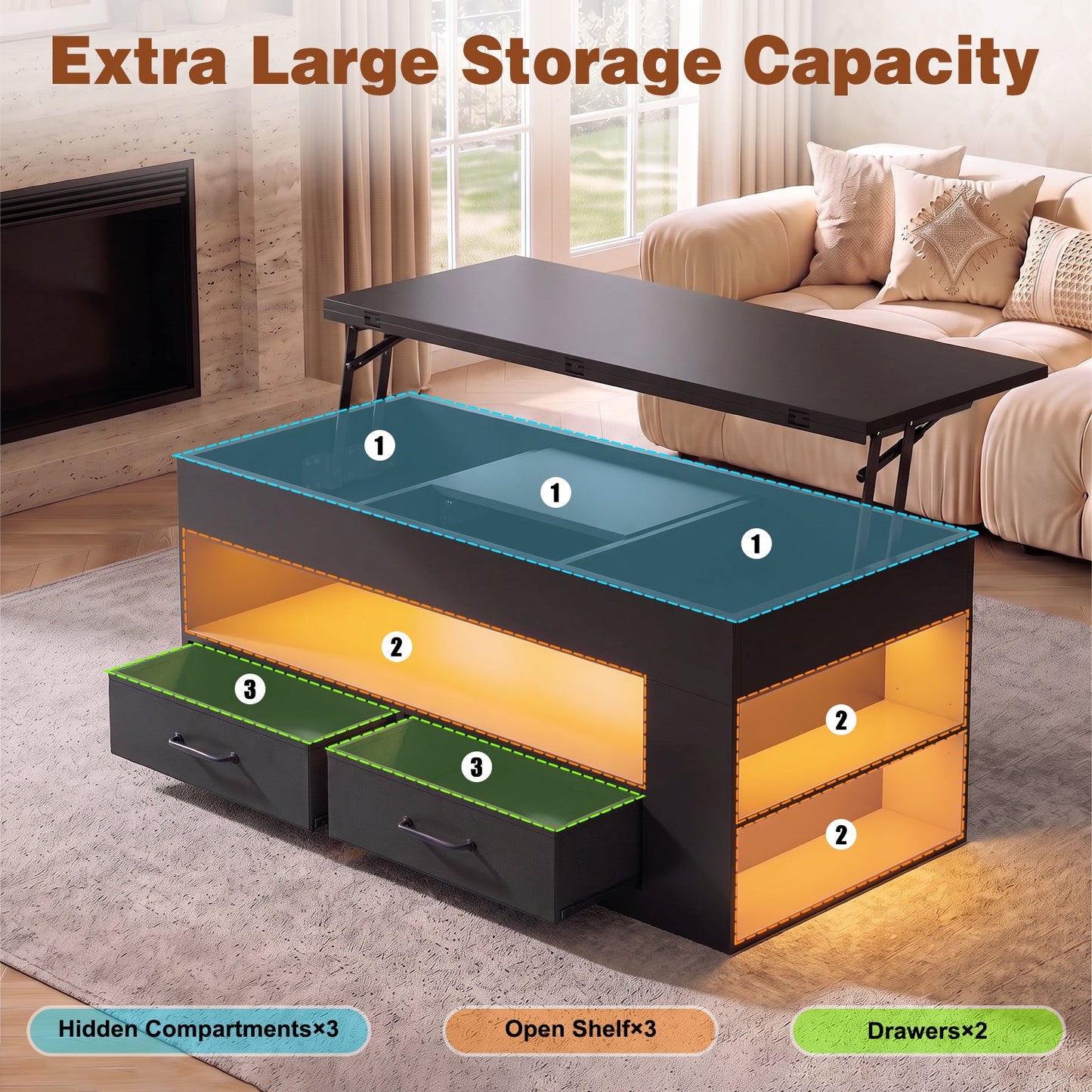 Advwin 4-in-1 Lift Top Coffee Table w/ LED Lights & Storage