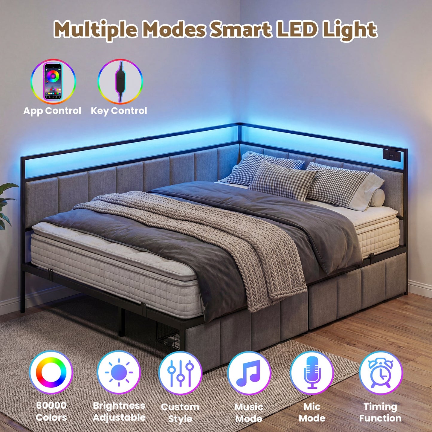 Advwin Corner Double Bed Frame with Charging Station