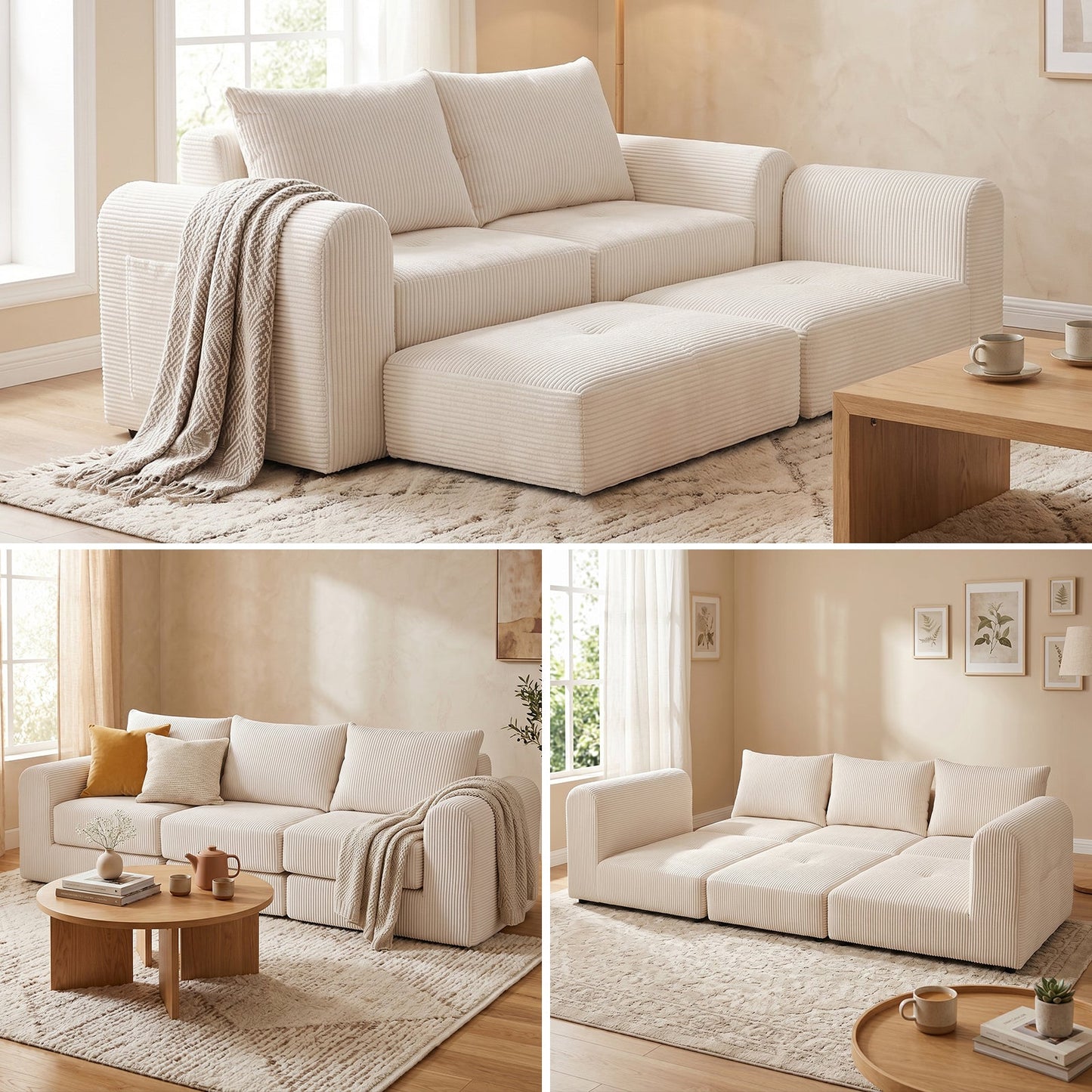Advwin 235cm Corduroy 3-Seater Modular Sofa Bed