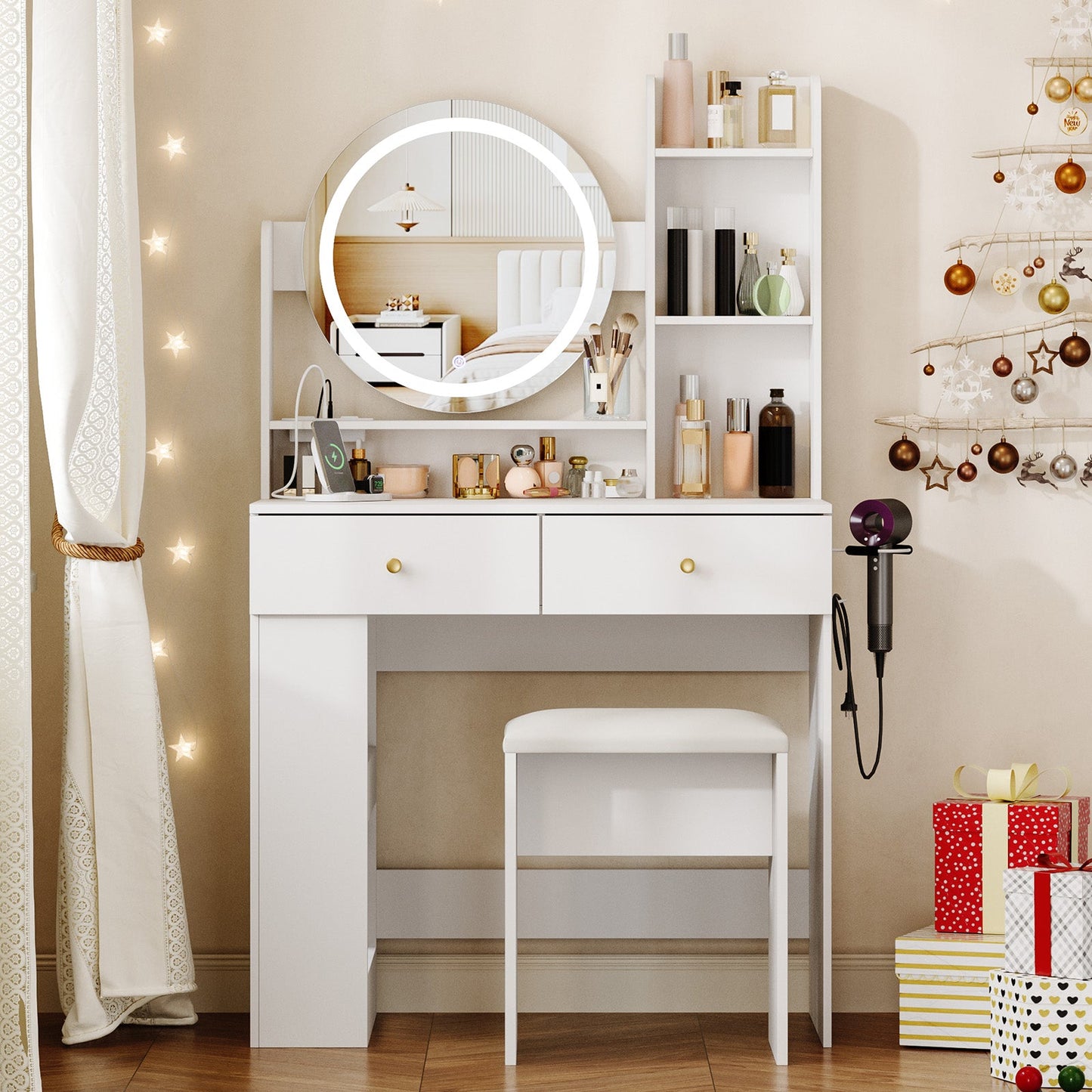 Advwin Makeup Vanity Desk with LED Round Mirror