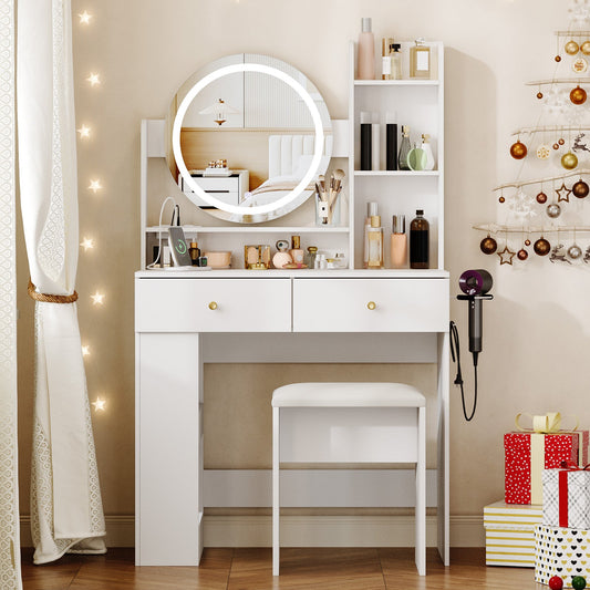 Advwin Makeup Vanity Desk with LED Round Mirror