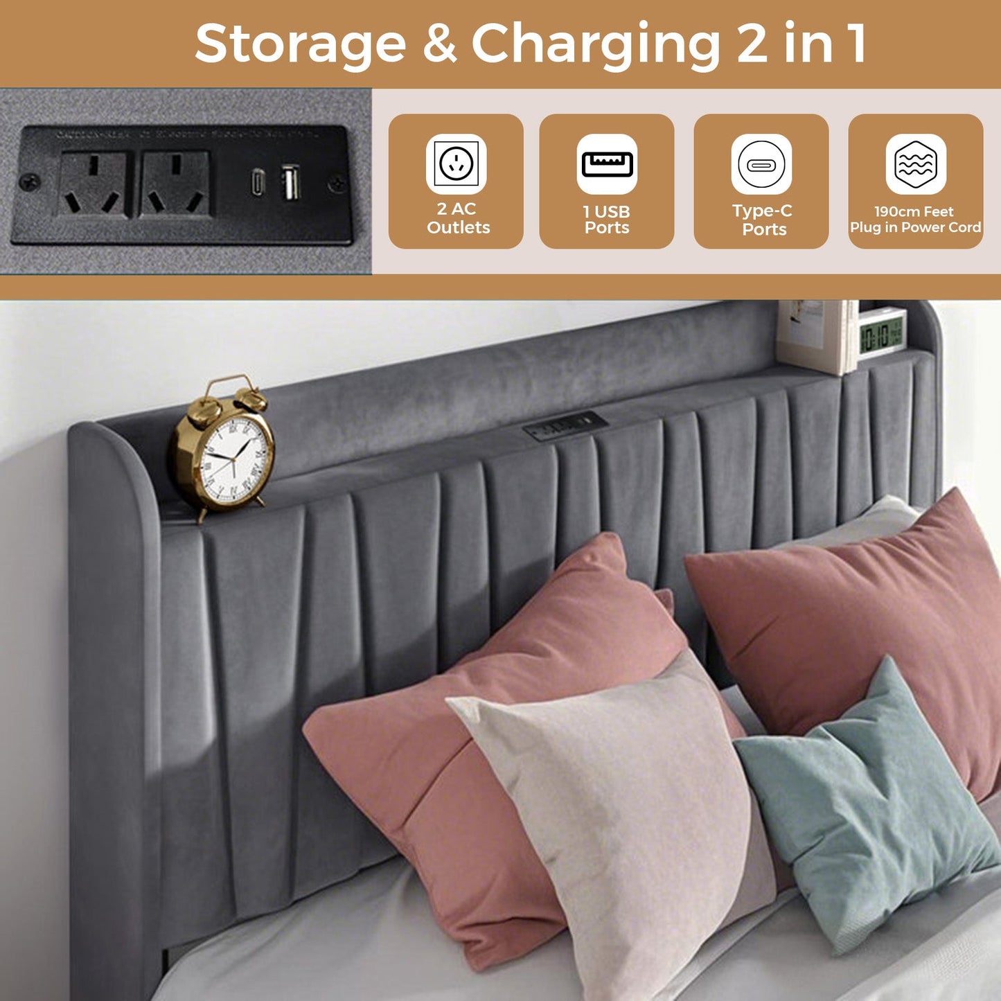 Advwin Bed Frame with Storage Drawers Dark Grey
