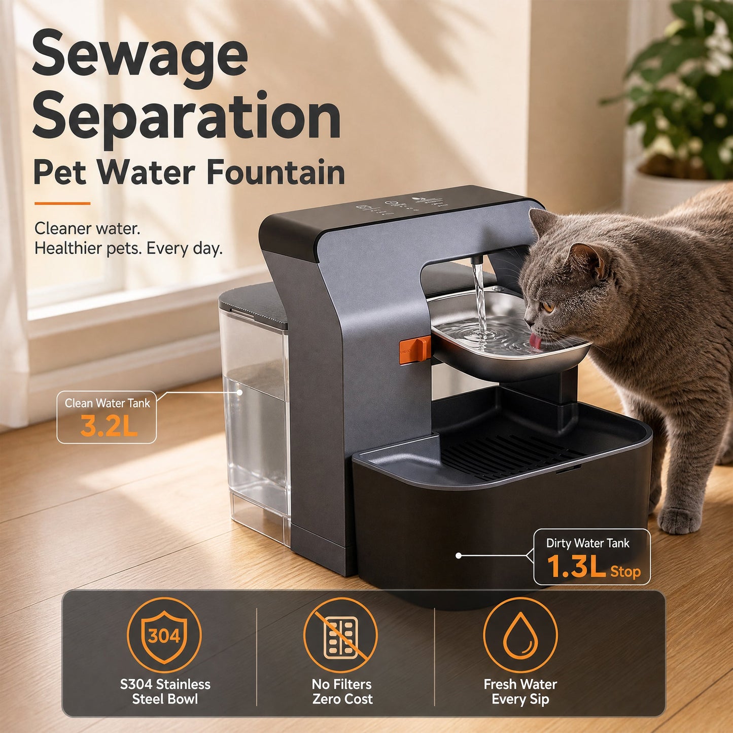Advwin 3.2L Wireless Cat Water Fountain No Need Filters