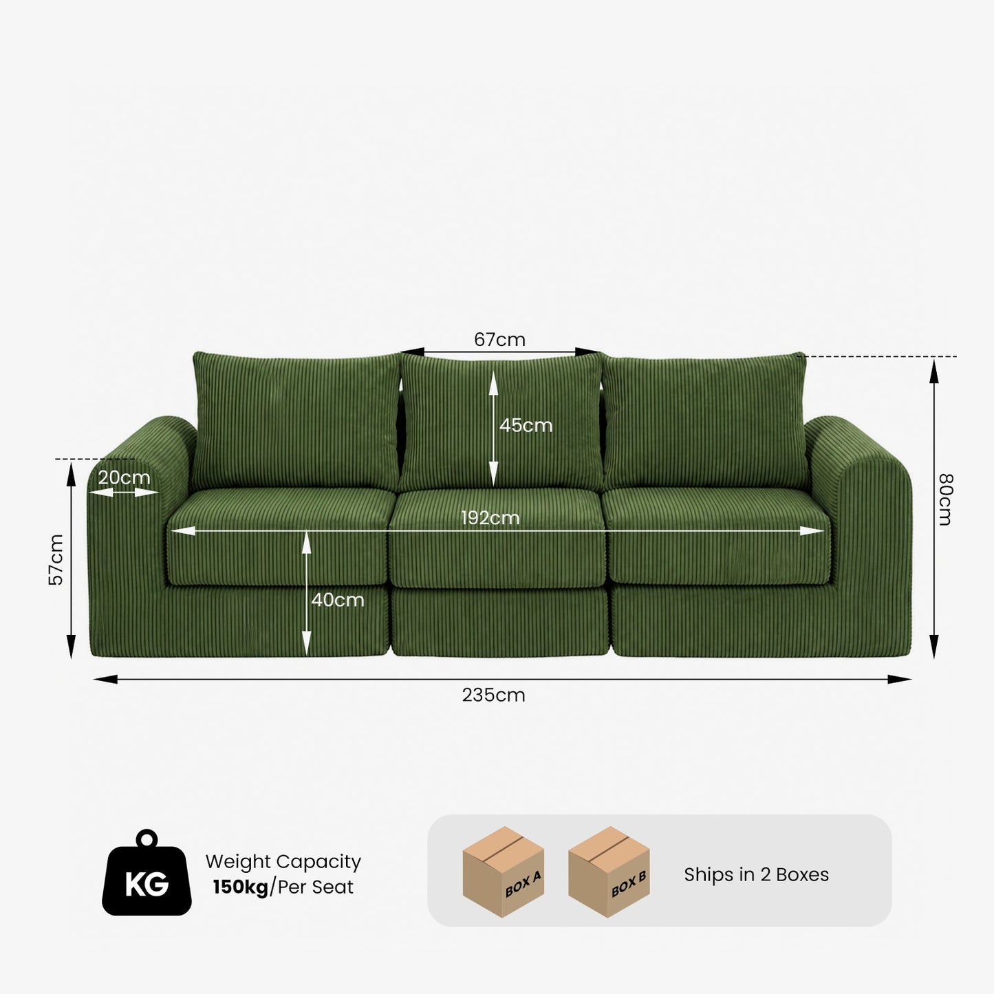Advwin 235cm Corduroy 3-Seater Modular Sofa Bed