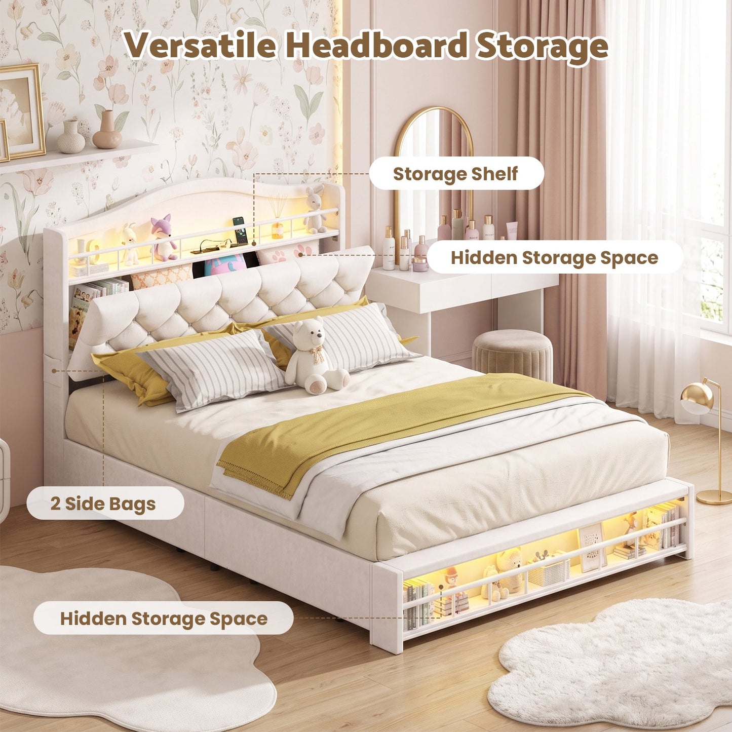 Advwin Princess Bed Frame w/ Charging Station & 4 Drawers