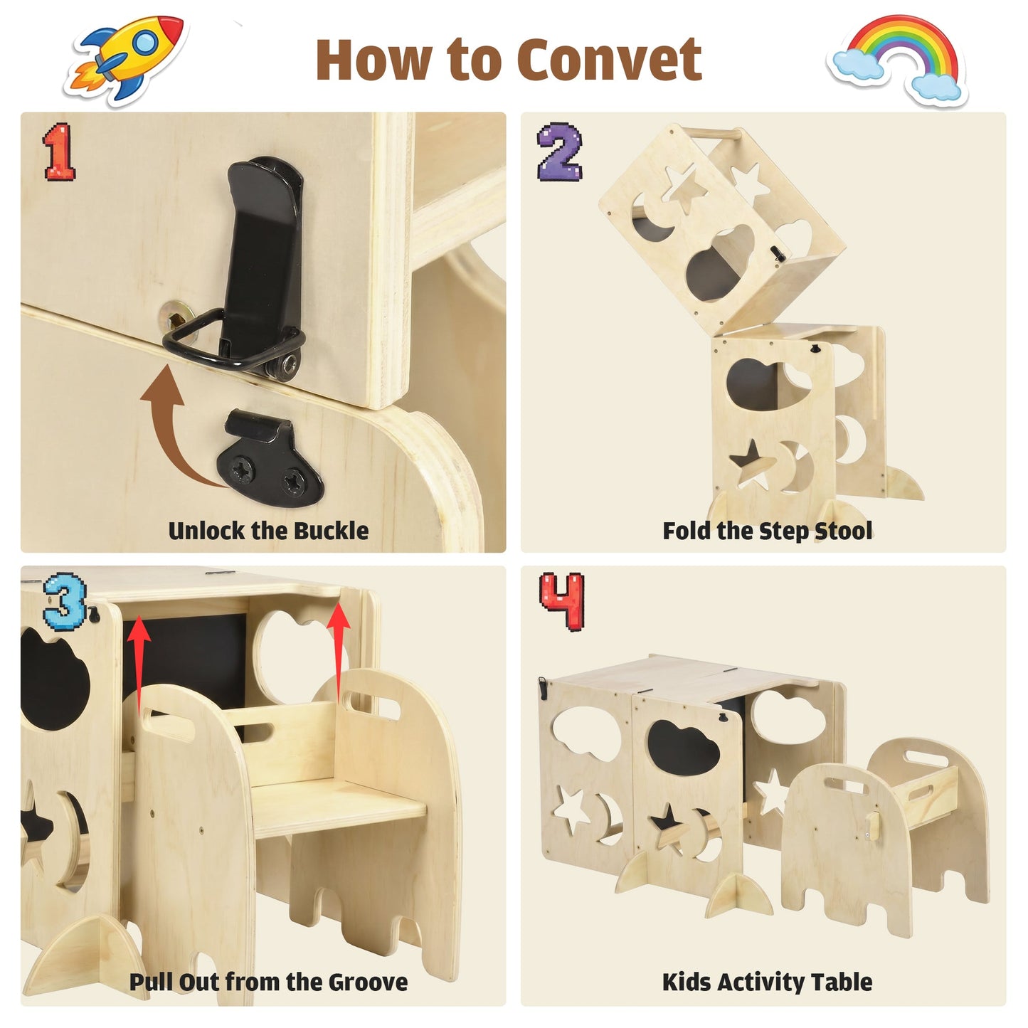 Advwin 4-in-1 Foldable Toddler Step Stool with Blackboard