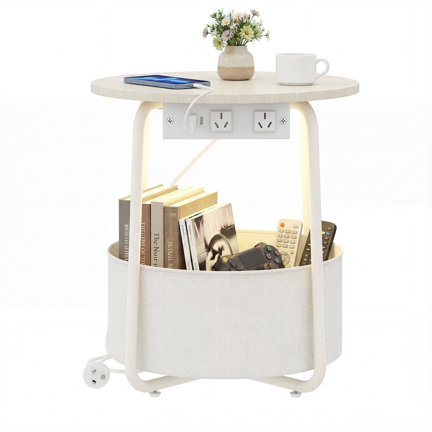 Advwin Small Round Side Table w/ Charging Station