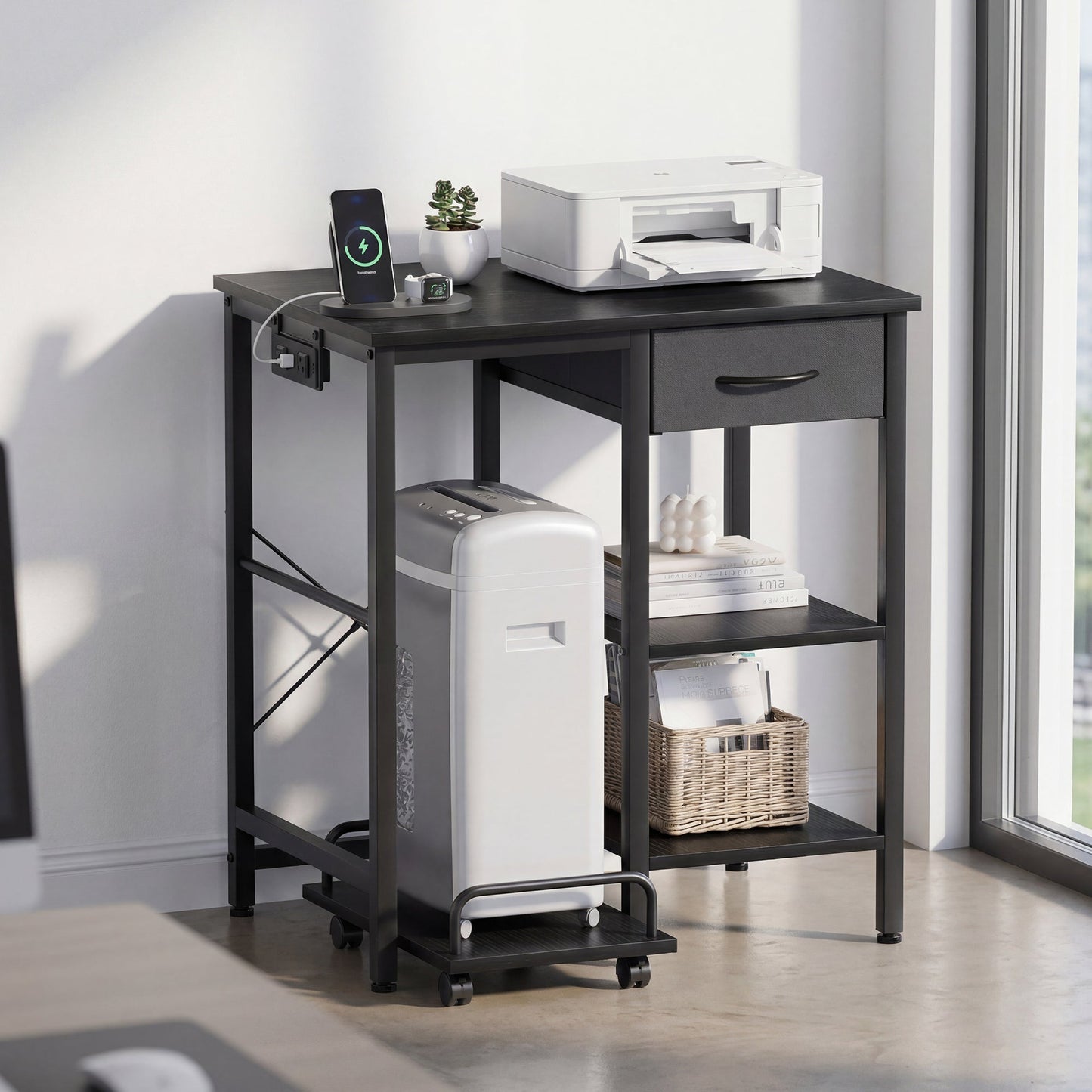 Advwin Printer Stand with Shredder Shelf & Charging Station